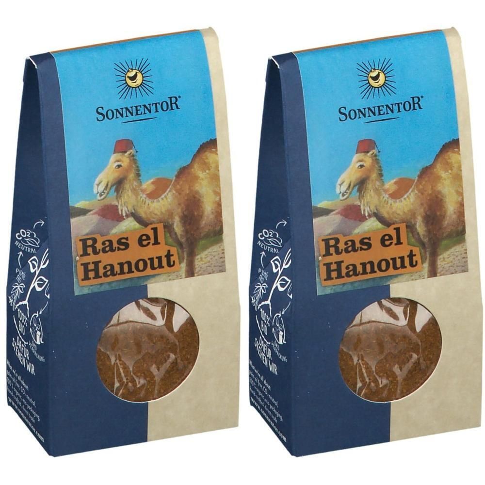 Zwei Beutel Sonnentor Ras el Hanout Gewürz. Aufdruck mit Kamel und Logo. Sichtfenster mit Gewürz. CO2 neutral.