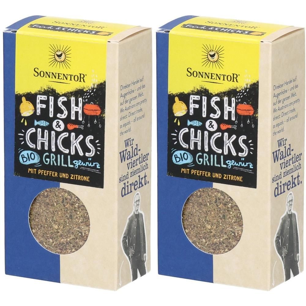 Zwei rechteckige Kartonverpackungen. Aufschrift: SonnentoR, Fish & Chicks Grillgewürz, Bio. Sichtfenster mit Gewürzmischung.