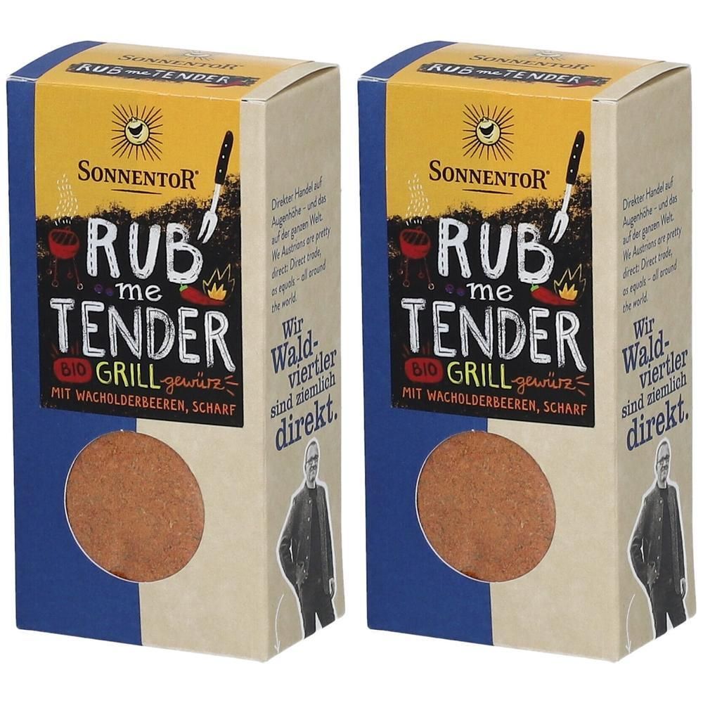 Zwei rechteckige Kartons mit Aufdruck. Aufschrift: SonnentoR Rub me Tender Grillgewürz. Bio-Qualität.