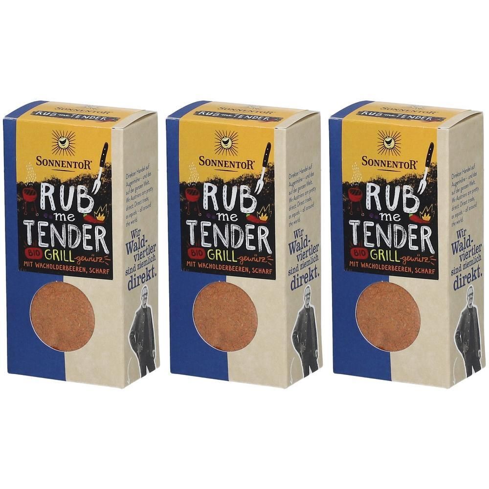 Drei rechteckige Kartonverpackungen. Aufschrift: SonnentoR Rub me Tender Grillgewürz. Sichtbares rundes Produktfenster. Logo: Sonne.