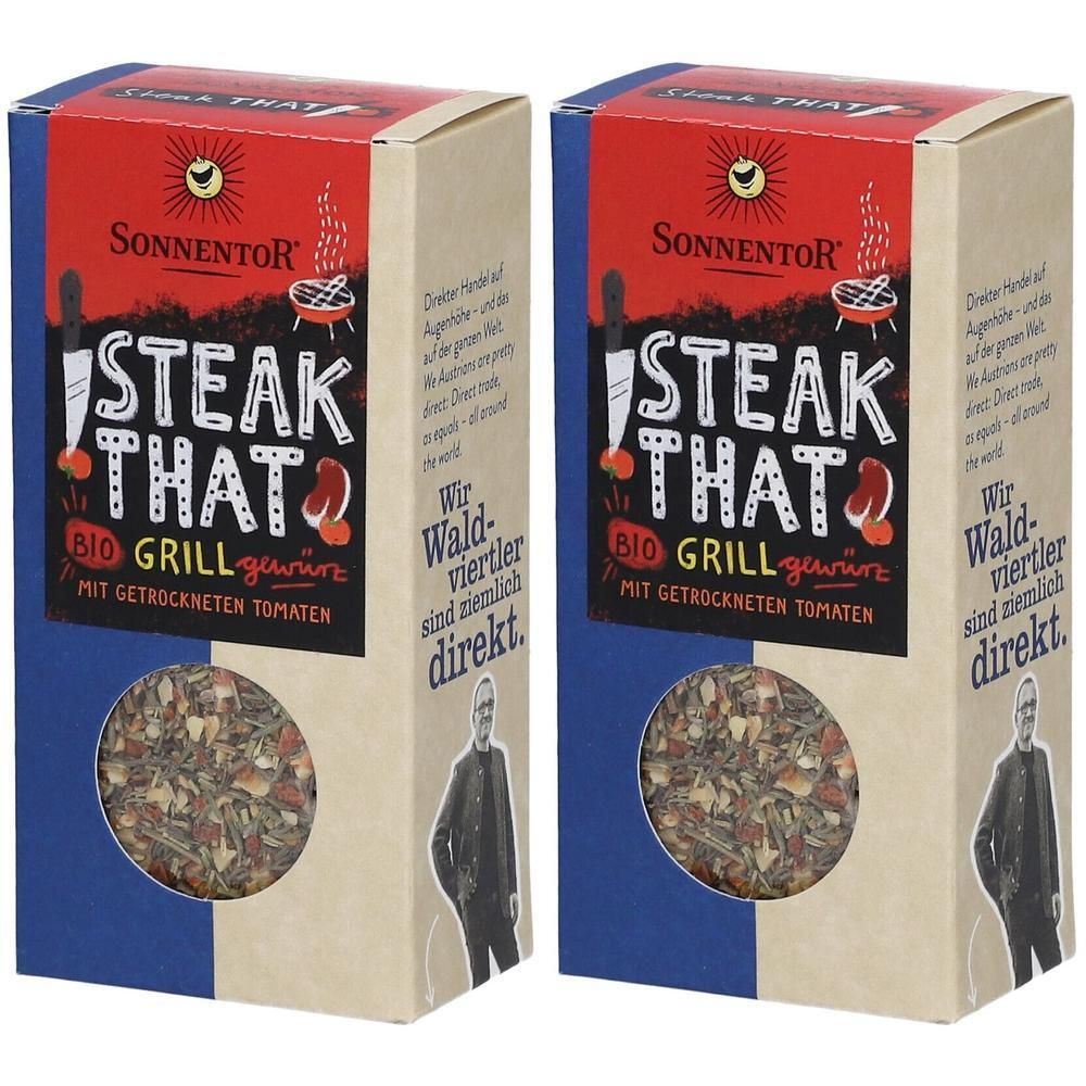 Zwei rechteckige Kartonverpackungen mit SonnentoR Steak That Grillgewürz. Sichtbar: Logo, Produktname, Zutaten und ein Mann.