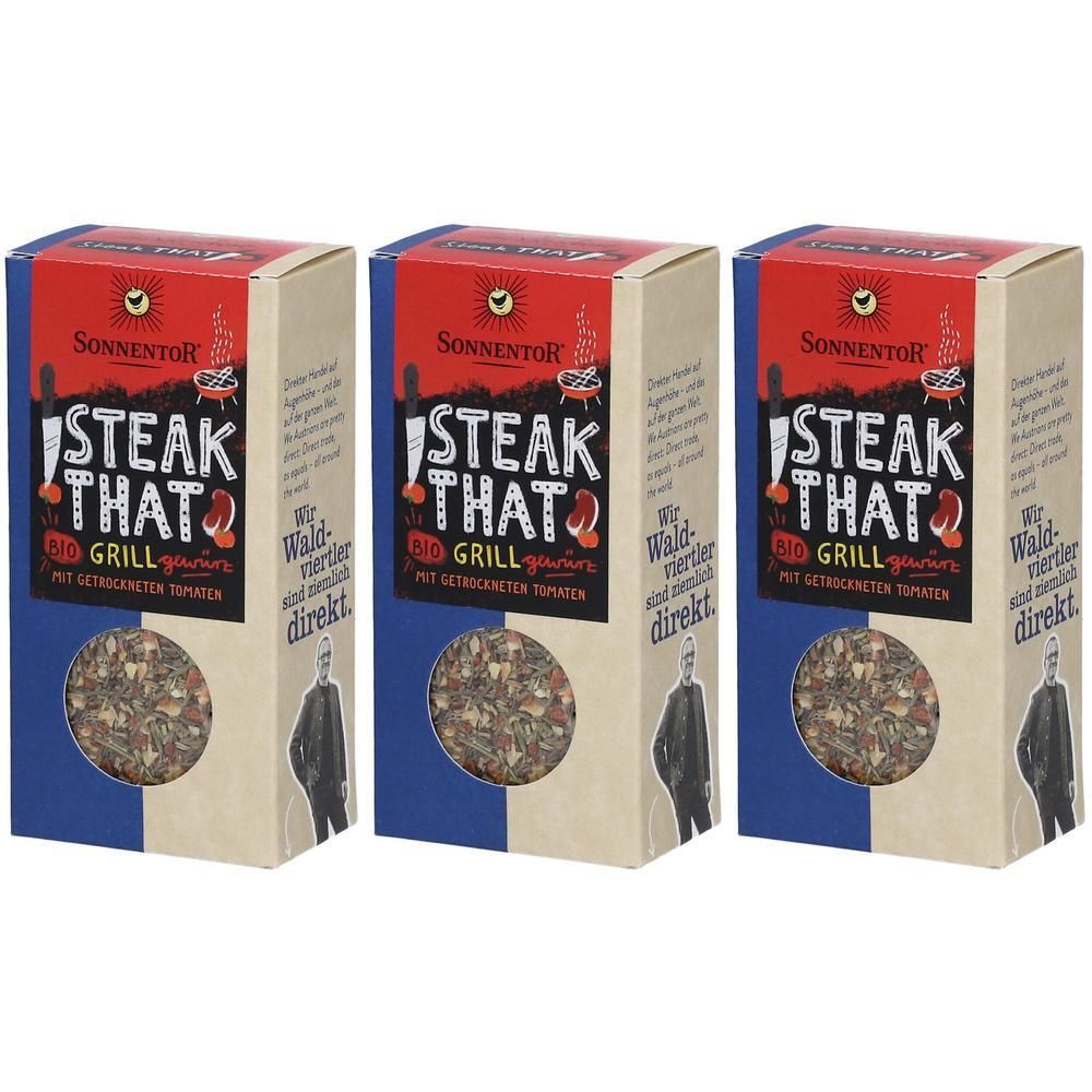 Drei rechteckige Kartonverpackungen. Aufschrift: STEAK THAT GRILL. Sichtfenster mit Kräutermischung. Logo: SonnentoR.