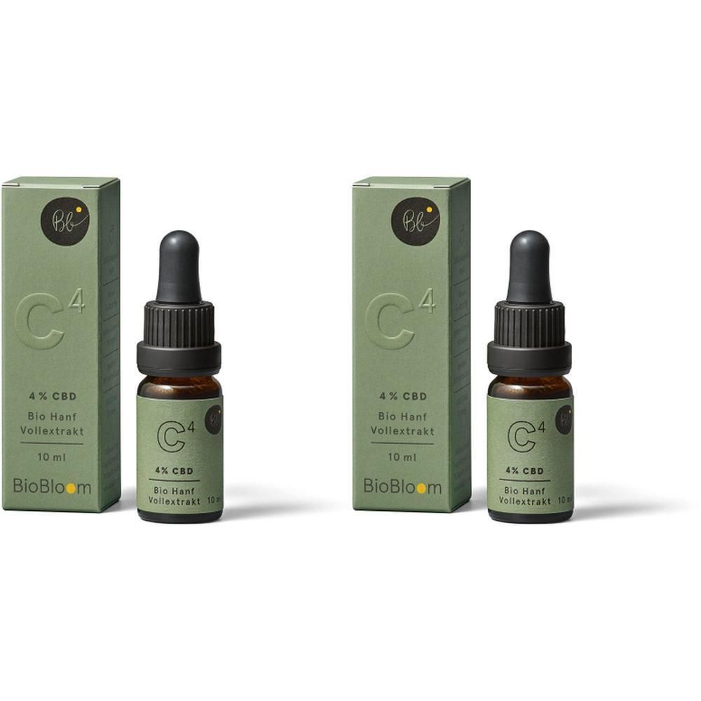 Zwei Flaschen mit Tropfer und grüne Verpackungen. Aufschrift: C4, 4% CBD, Bio Hanf Vollextrakt, 10 ml. Marke: BioBloom.