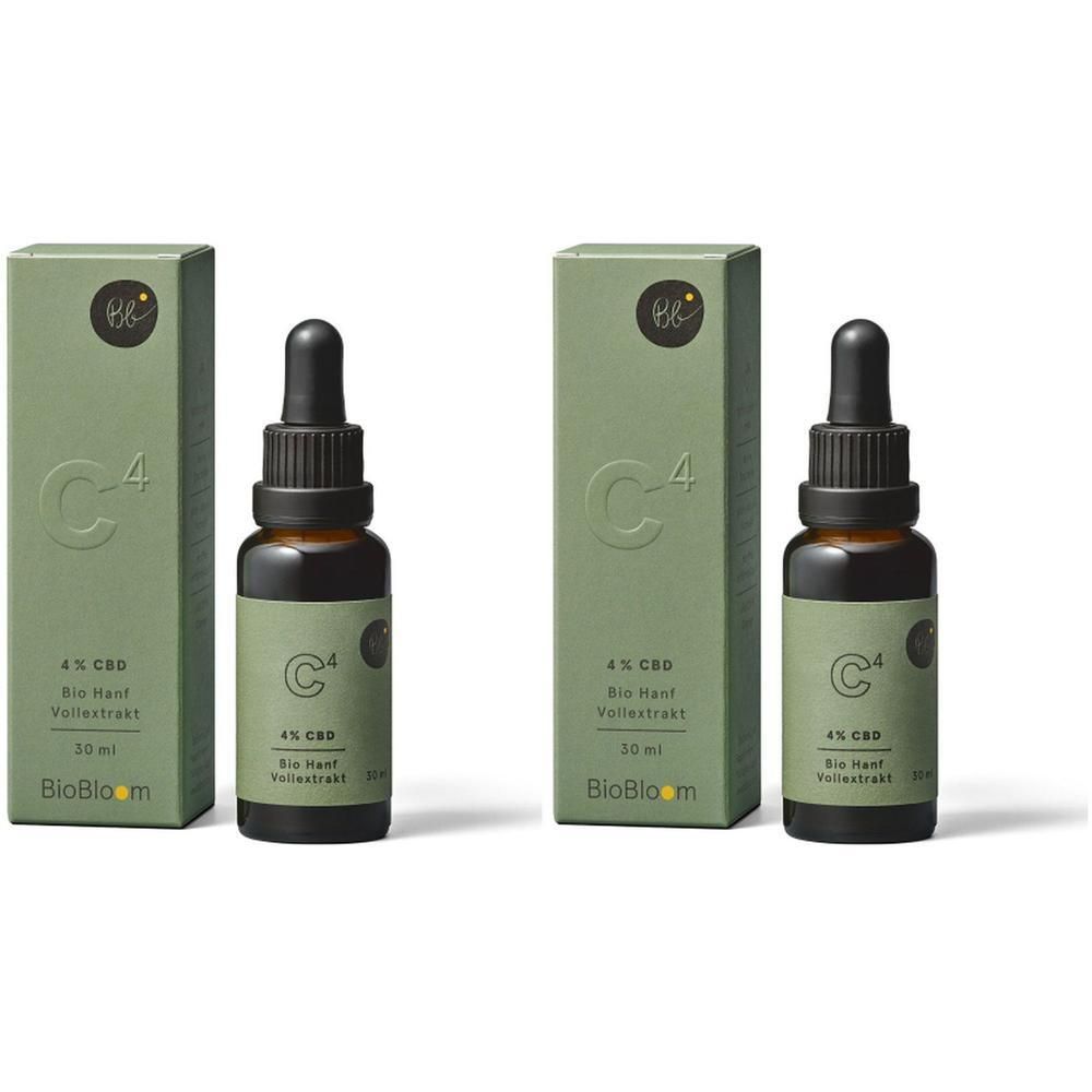 Zwei Flaschen mit Tropfer und grüne Verpackungen. Aufschrift: C4, 4% CBD, Bio Hanf Vollextrakt, 10 ml. Marke: BioBloom.