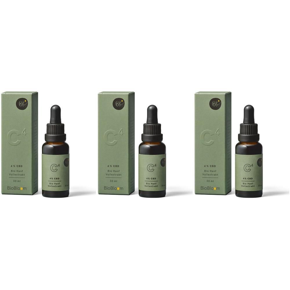 Drei Flaschen mit Tropfer und grüne Verpackungen. Auf den Flaschen und Verpackungen steht "C4" und "4% CBD".