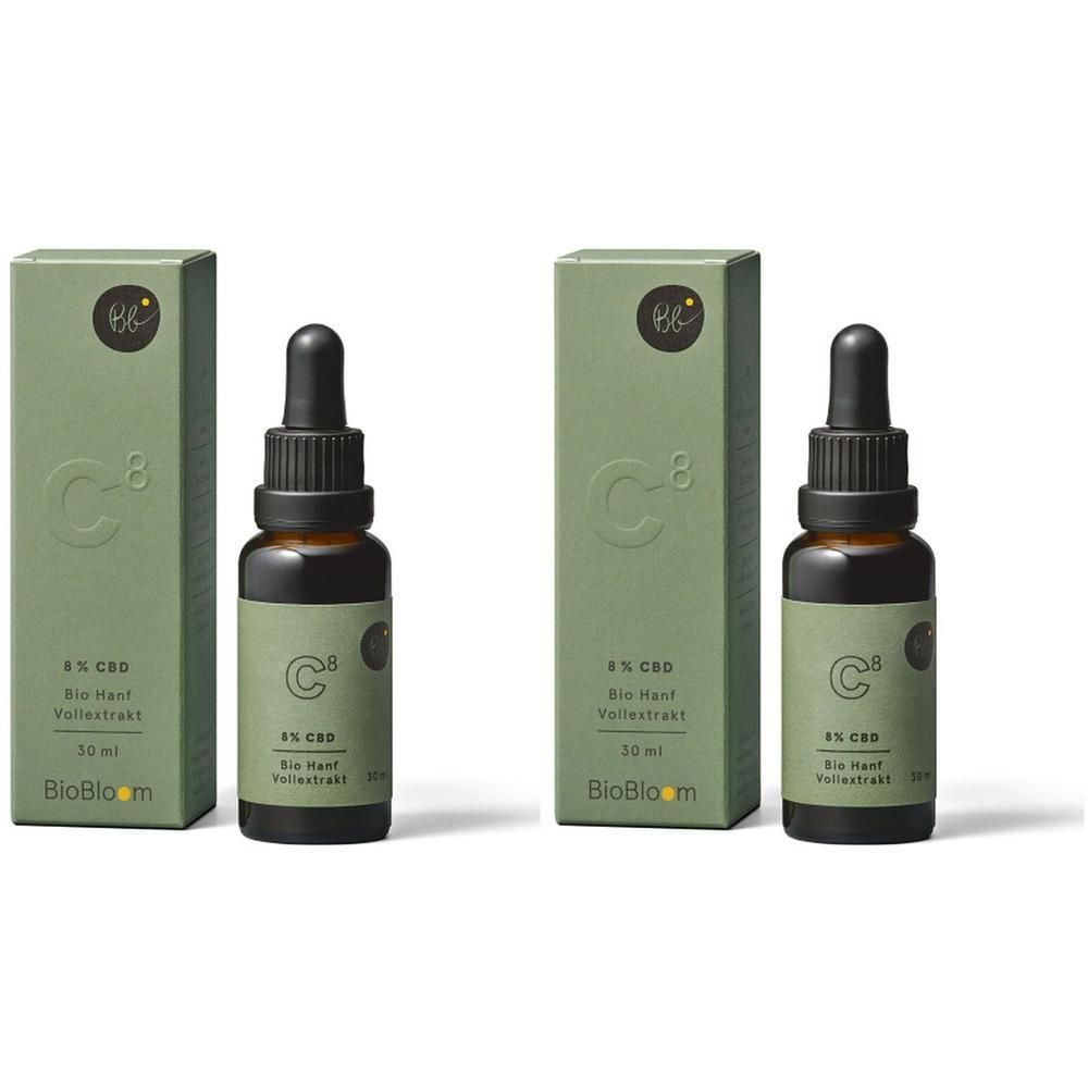 Zwei Flaschen mit Tropfer und grüne Verpackungen. Auf den Flaschen und Verpackungen steht "C8" und "8% CBD".