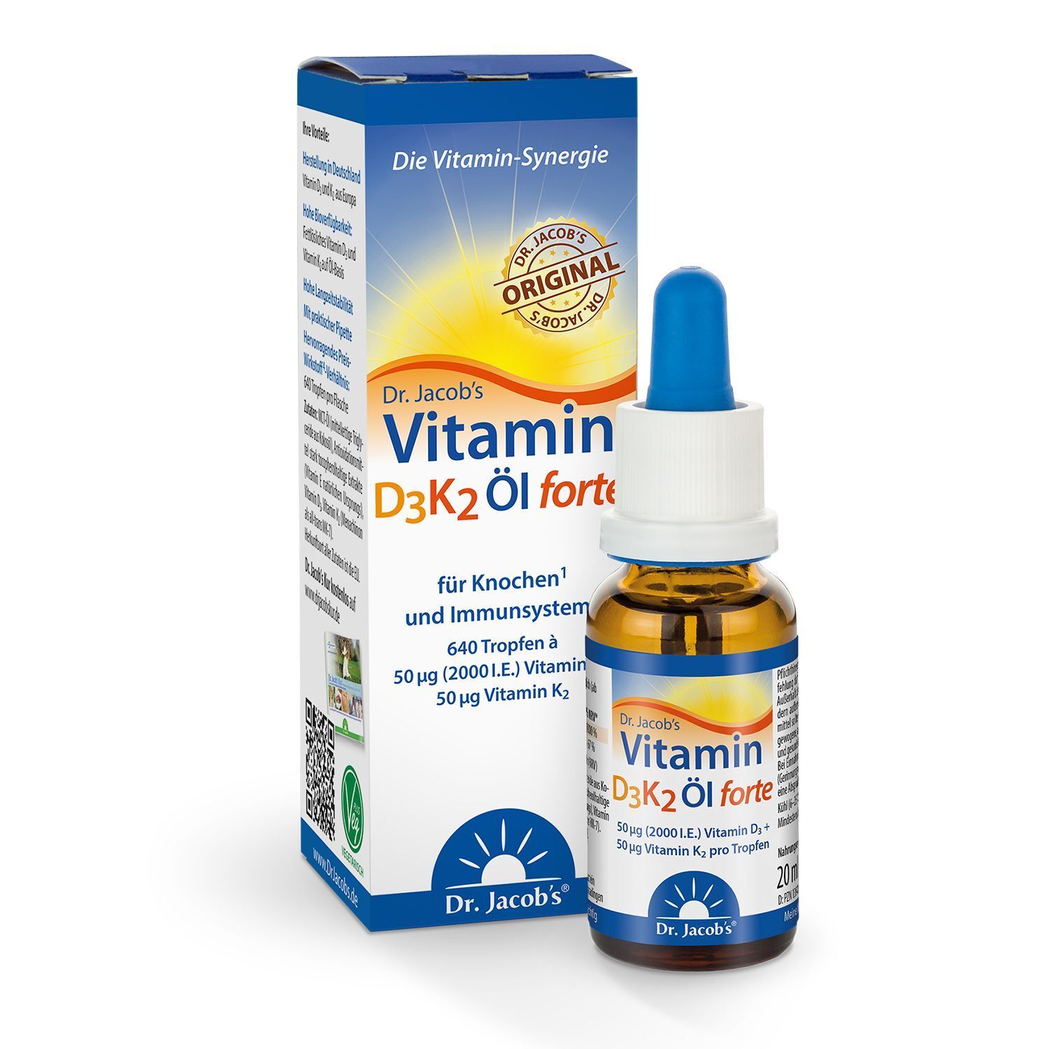 Dr. Jacob's Vitamin D3K2 Öl forte Flasche und Verpackung. Flasche mit blauer Pipette, daneben eine Schachtel.