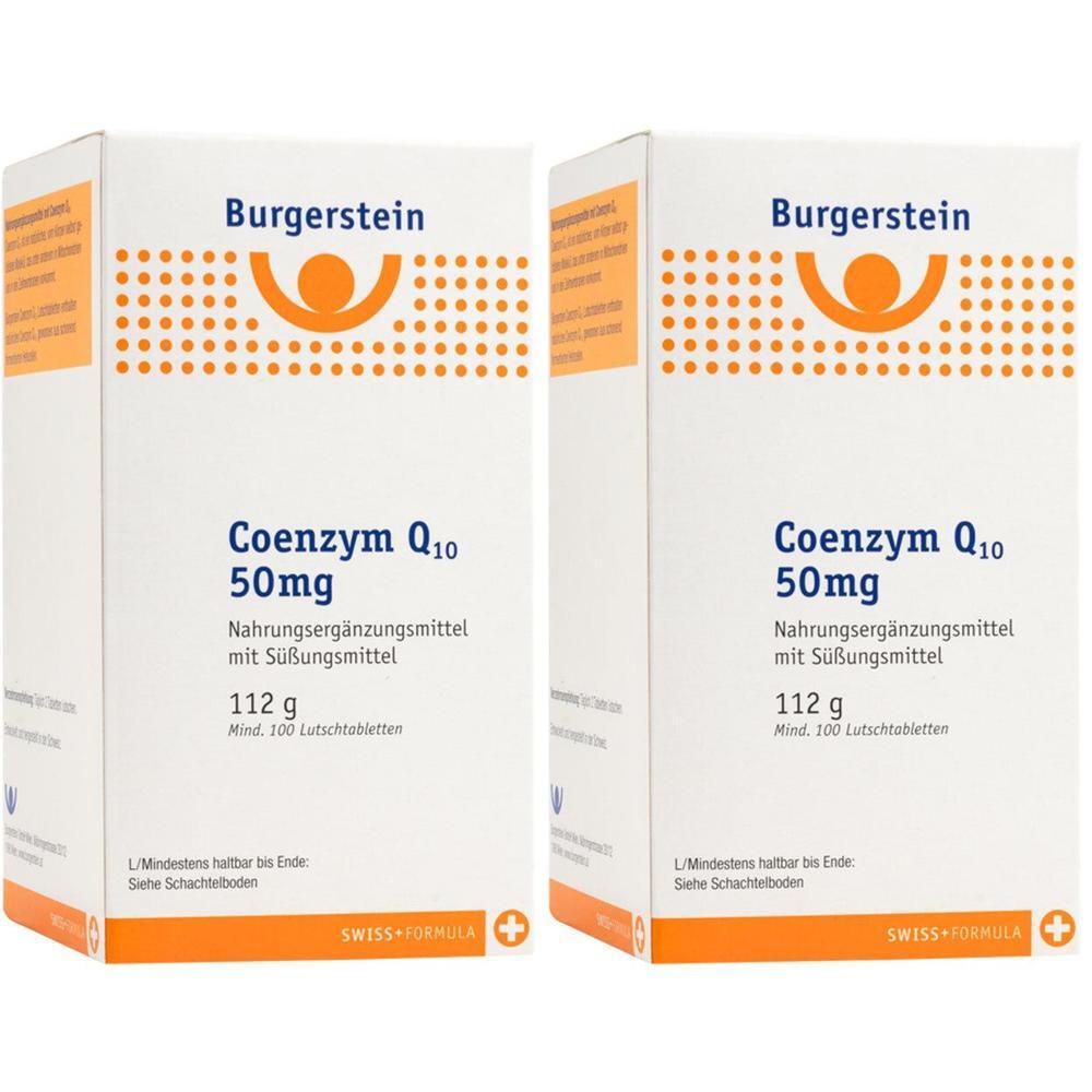 Zwei Schachteln Burgerstein Coenzym Q10 50mg. Weiße Verpackung mit orangefarbenem Logo und Schriftzug. Enthält 112g Lutschtabletten.