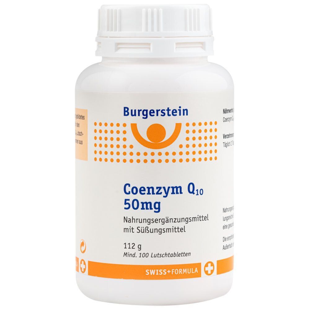 Weiße Flasche Burgerstein Coenzym Q10 50mg. Orangefarbenes Logo und Schriftzug. Enthält 112g Lutschtabletten. Deckel oben.