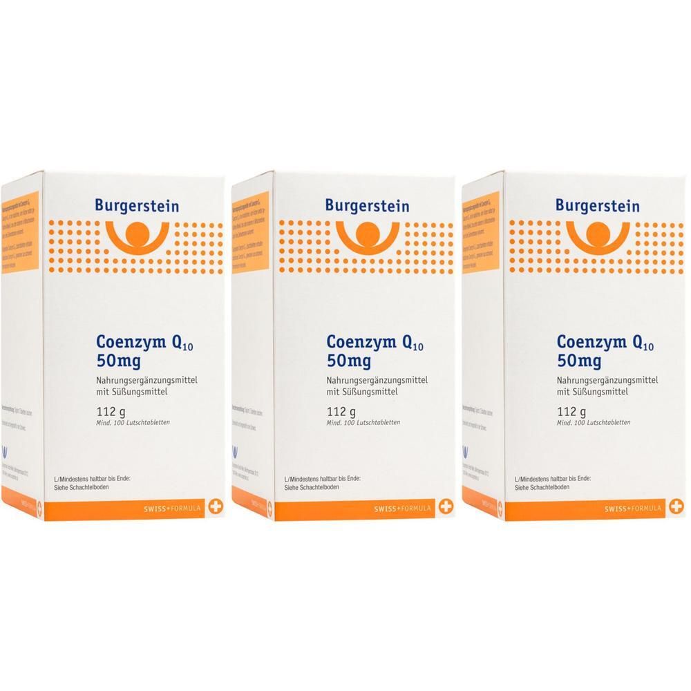 Drei Packungen Burgerstein Coenzym Q10 50mg. Weiße Schachteln mit orangefarbenem Logo und Produktinformationen.