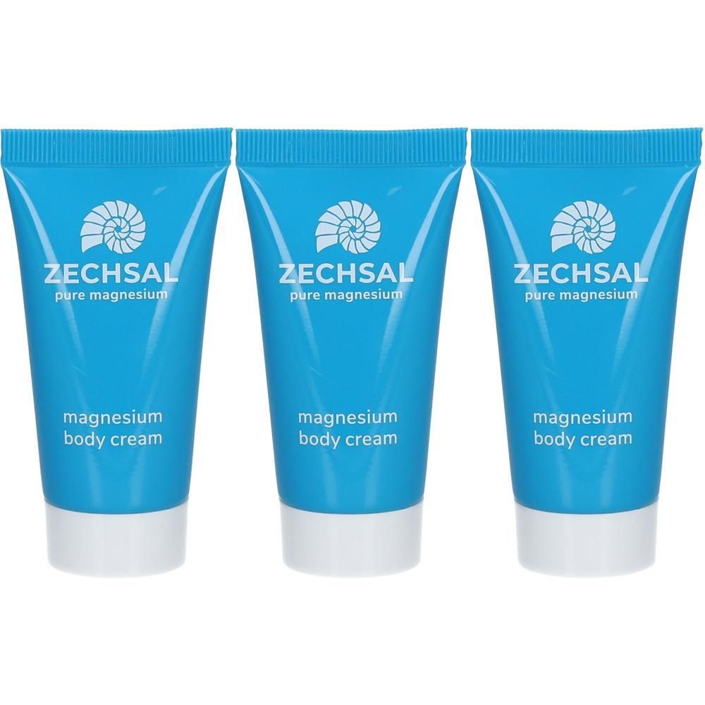 Drei blaue Tuben. Auf jeder steht "ZECHSAL pure magnesium" und "magnesium body cream". Weiße Kappe.