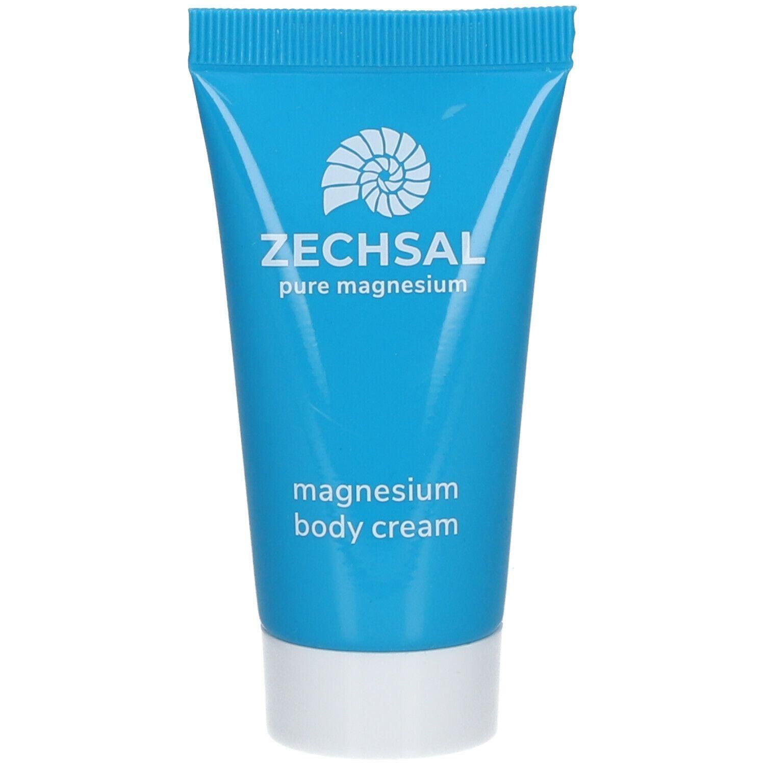 Blaue Tube mit Zechsal Magnesium Körpercreme und einem Schneckensymbol.