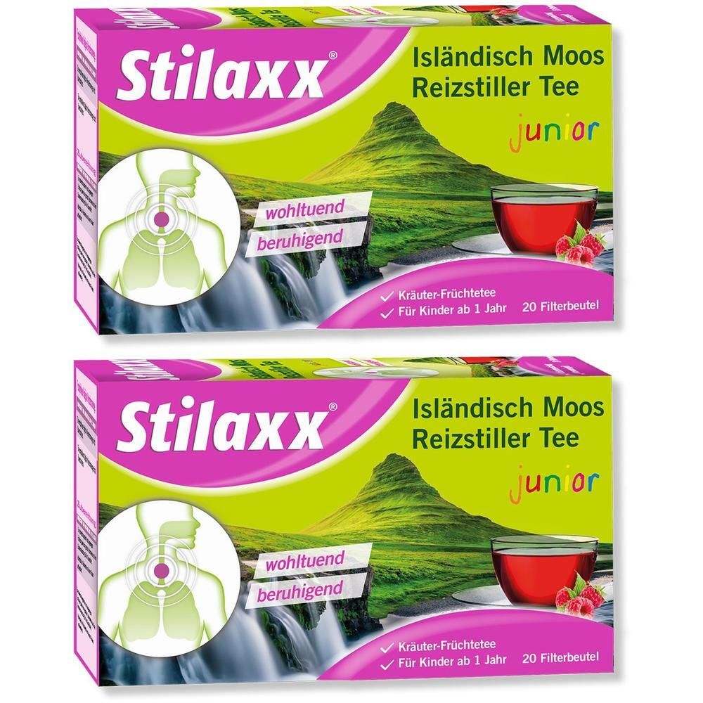Zwei Packungen Tee. Aufschrift: Stilaxx, Isländisch Moos Reizstiller Tee junior. Illustrationen: Hals, Wasserfall, Tasse Tee mit Himbeeren.