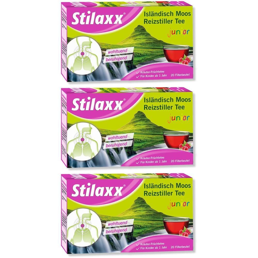 Drei Packungen Stilaxx Isländisch Moos Reizstiller Tee junior. Rosa-weiß Verpackung mit Produktnamen, Illustration und Text.