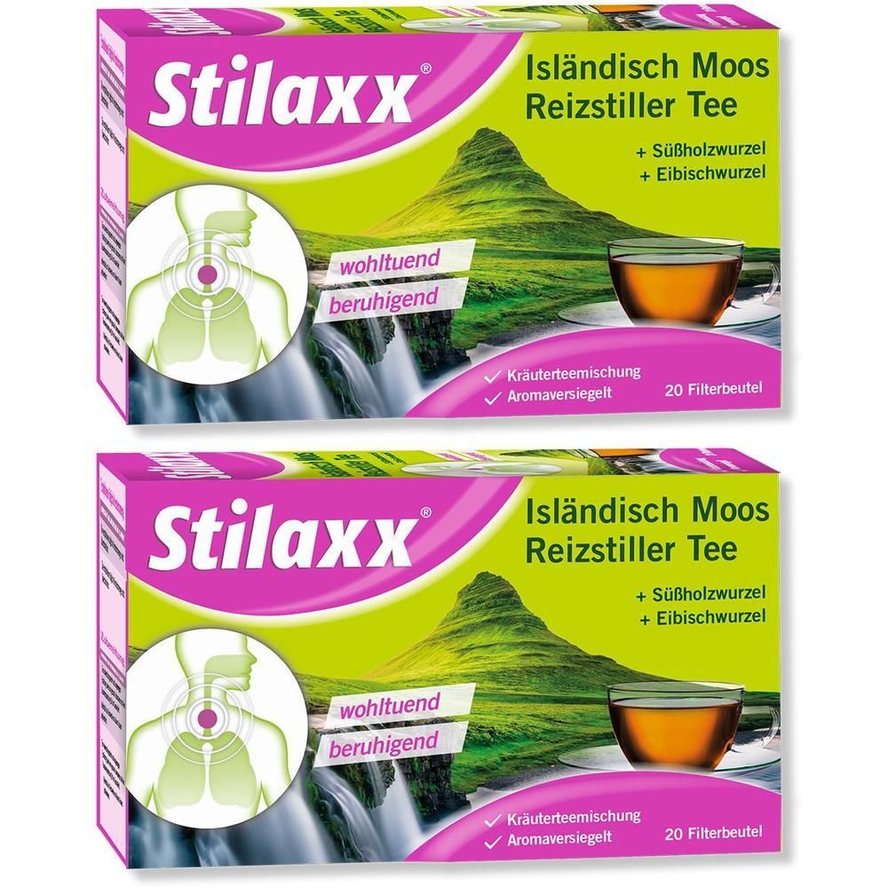 Zwei Packungen Stilaxx® Isländisch Moos Reizstiller Tee. Aufdruck: wohltuend, beruhigend. Mit Kräutermischung, 20 Filterbeutel.