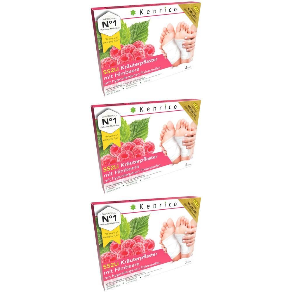 Drei Packungen Kräuterpflaster mit Himbeere. Jede Packung zeigt das Produkt und Füße. Aufschrift: Kenrico, SS2Li Kräuterpflaster.