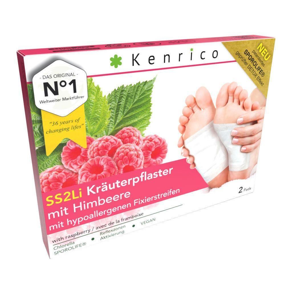 Verpackung mit Kräuterpflastern. Himbeeren-Abbildung. Text: Kenrico, SS2Li Kräuterpflaster mit Himbeere. Vegan.