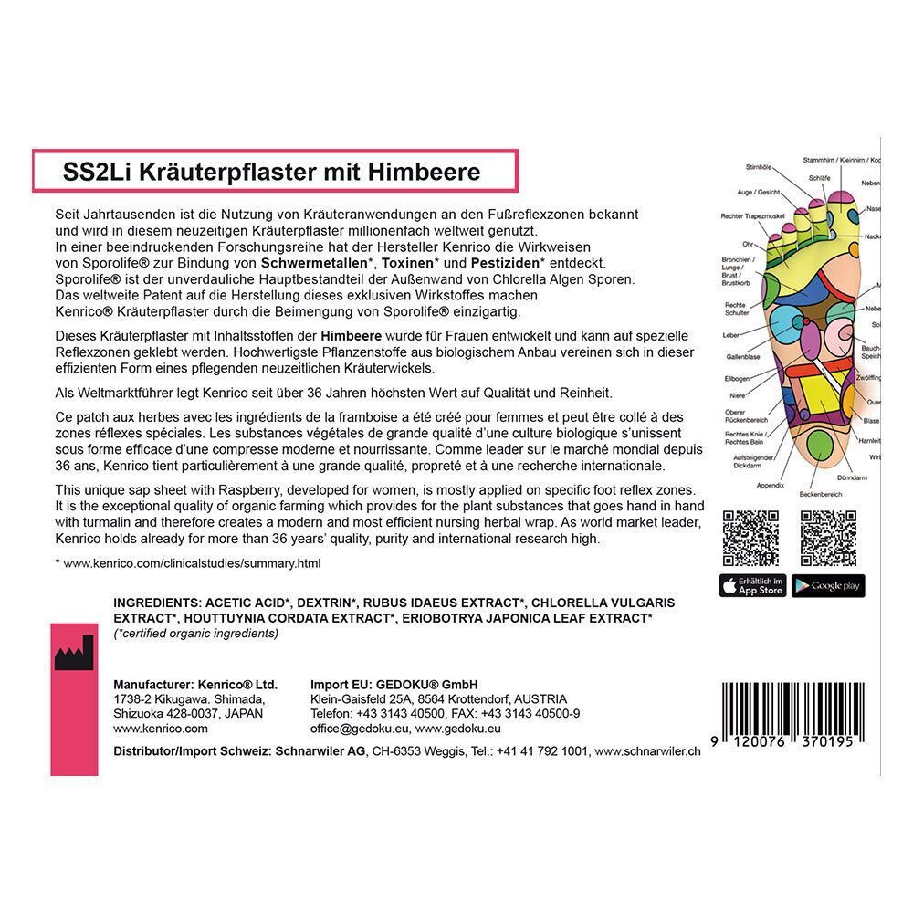 Rückseite der Verpackung. Text: SS2Li Kräuterpflaster mit Himbeere. Fußreflexzonen-Karte. QR-Codes.