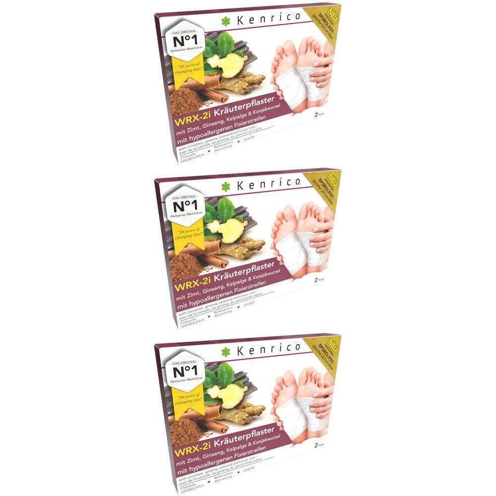 Drei Packungen Kräuterpflaster. Jede Packung zeigt das Produkt, die Marke Kenrico und die Bezeichnung WRX-2i.