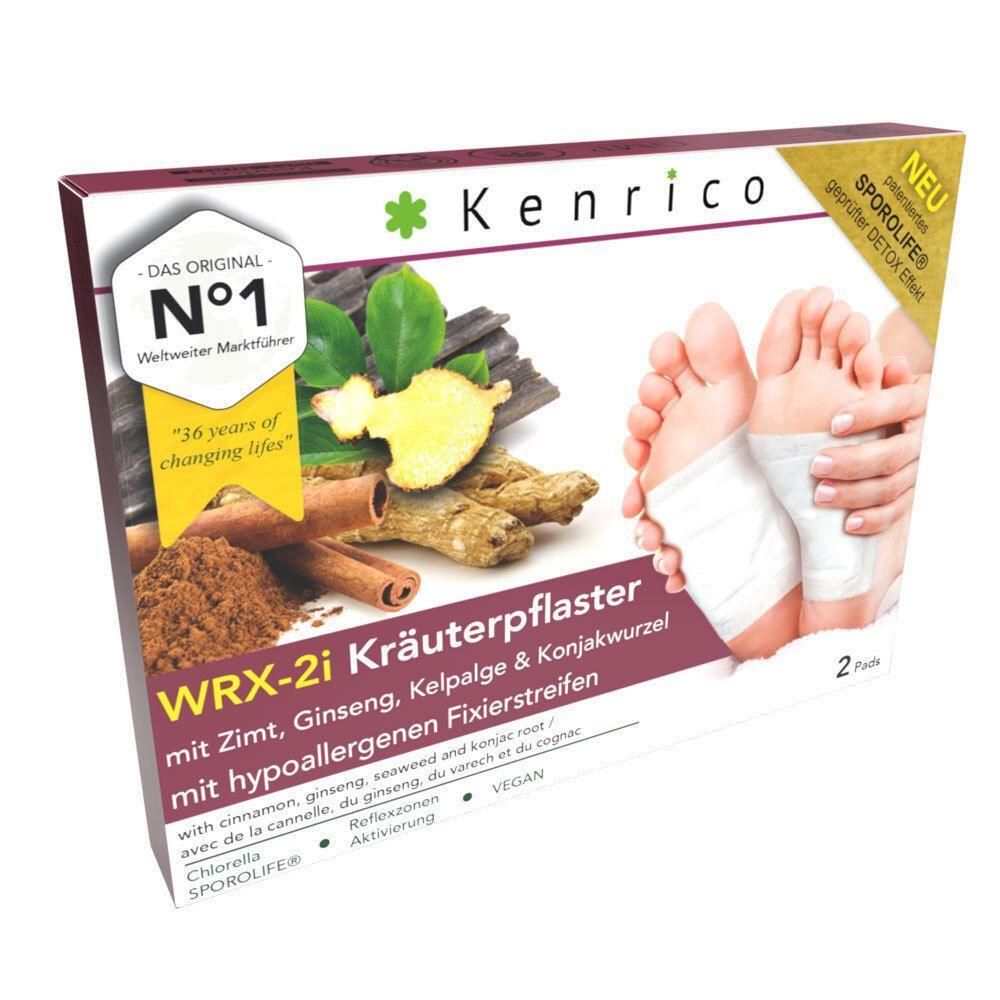 Verpackung mit Kräuterpflastern. Aufschrift: WRX-2i Kräuterpflaster mit Zimt, Ginseng, Kelpalge & Konjakwurzel. Enthält 2 Fußpflaster.