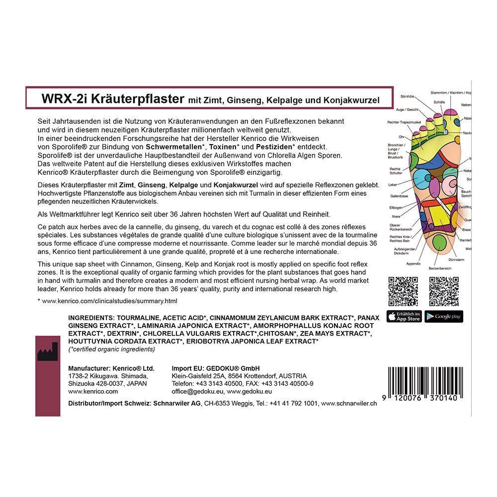 Rückseite der Verpackung mit Text und Inhaltsstoffen. Abbildung eines Fußes mit Reflexzonen. QR-Codes und Barcode.