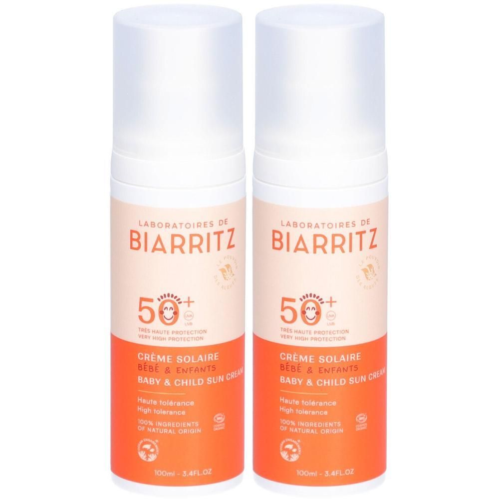 Zwei Flaschen Laboratoires de Biarritz Baby & Child Sun Cream SPF 50+.