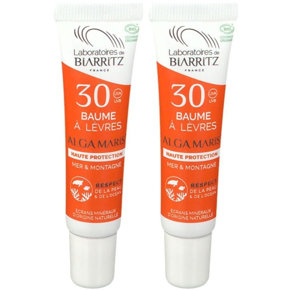 Zwei Tuben Laboratoires de BIARRITZ ALGAMARIS Lippenbalsam SPF 30. Hoher Schutz für Meer & Berge.