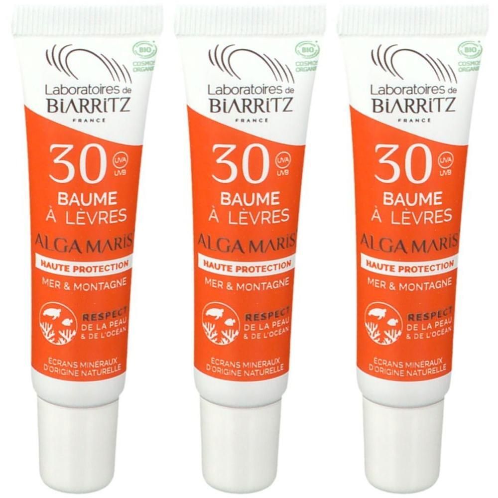 Drei Tuben Lippenbalsam mit LSF 30 von Laboratoires de Biarritz. Orangefarbene Verpackung mit weißem Deckel.