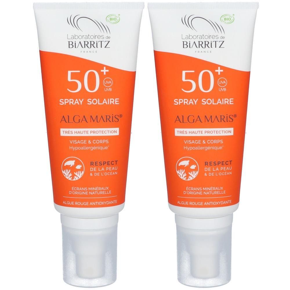 Zwei Flaschen Laboratoires de Biarritz Alga Maris Sonnenspray LSF 50+. Orangefarbene Verpackung mit weißem Deckel.