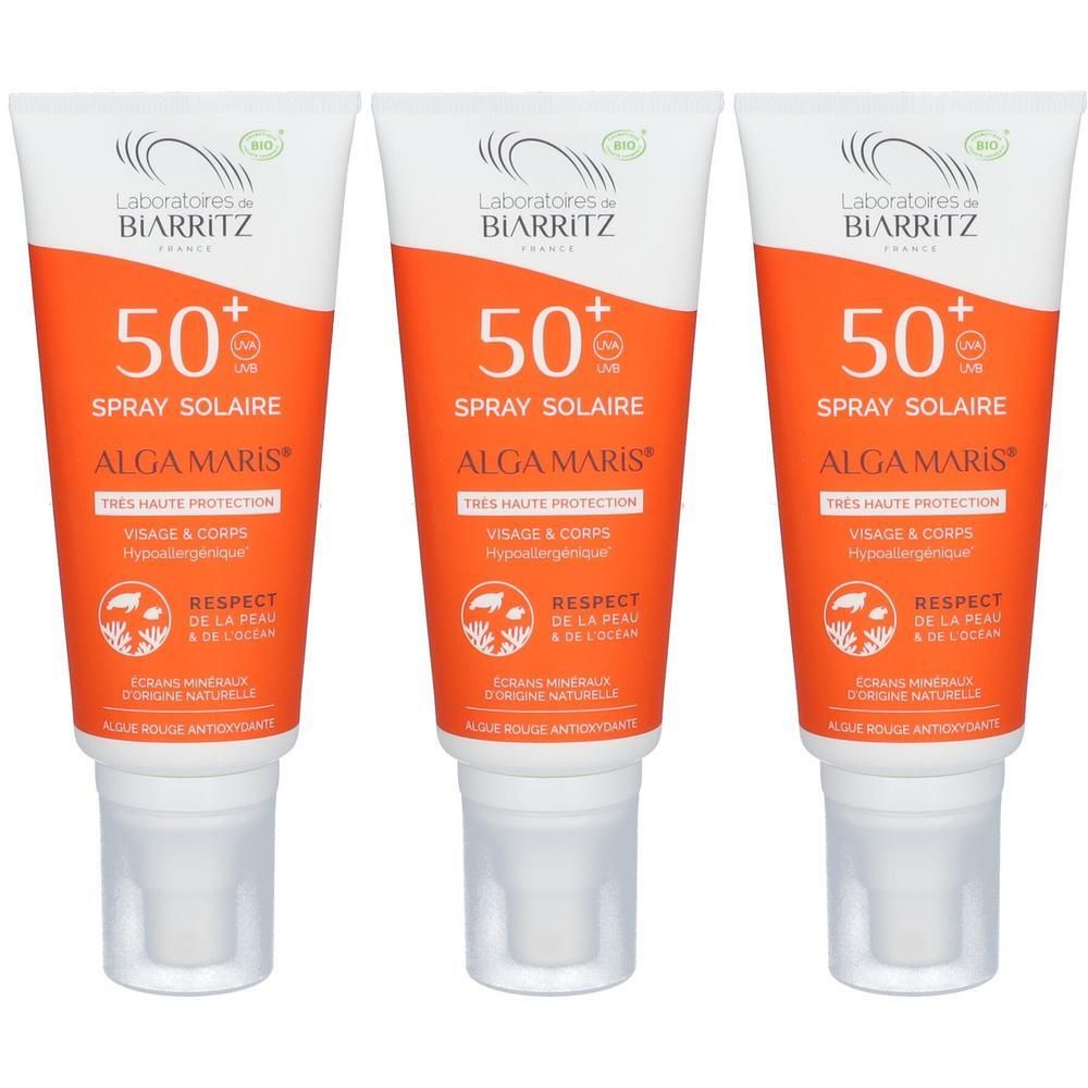 Drei Tuben Sonnenspray LSF 50+ von Laboratoires de Biarritz, Alga Maris. Mit Bio-Siegel.