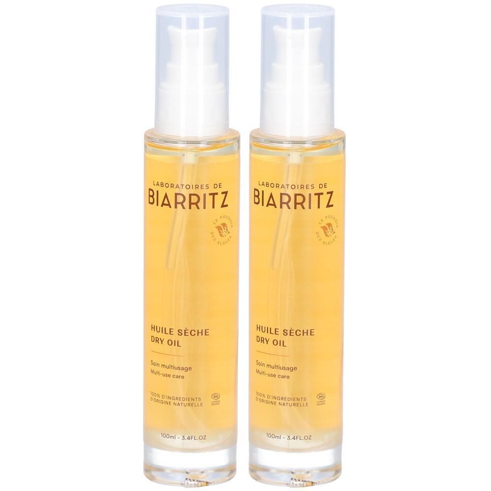 Zwei Flaschen Laboratoires de Biarritz Bio-Trockenöl mit Pumpspendern.