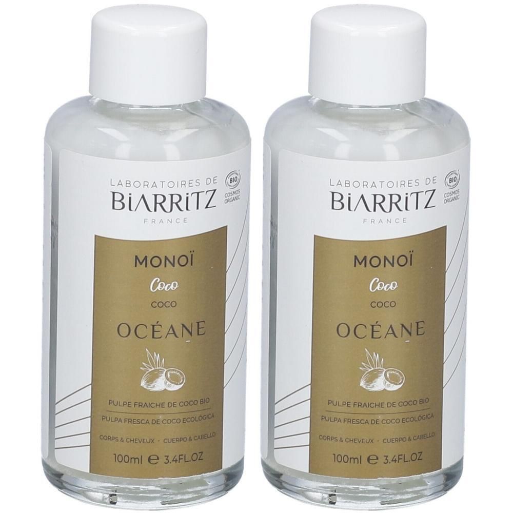 Zwei Flaschen Laboratoires de Biarritz Bio-Monoi Kokosnuss Pflegeöl, 100ml.