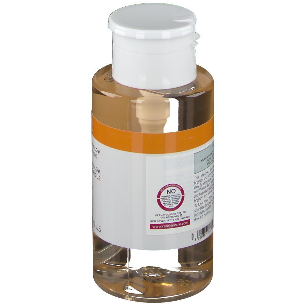 Rückseite einer Flasche REN Ready Steady Glow Daily AHA Tonic mit Etikett und Siegel.