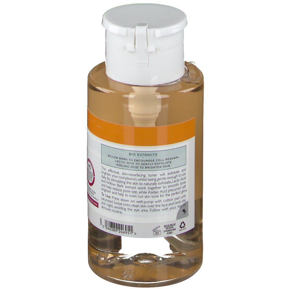 Rückseite einer Flasche REN Ready Steady Glow Daily AHA Tonic mit Beschreibung und Siegel.