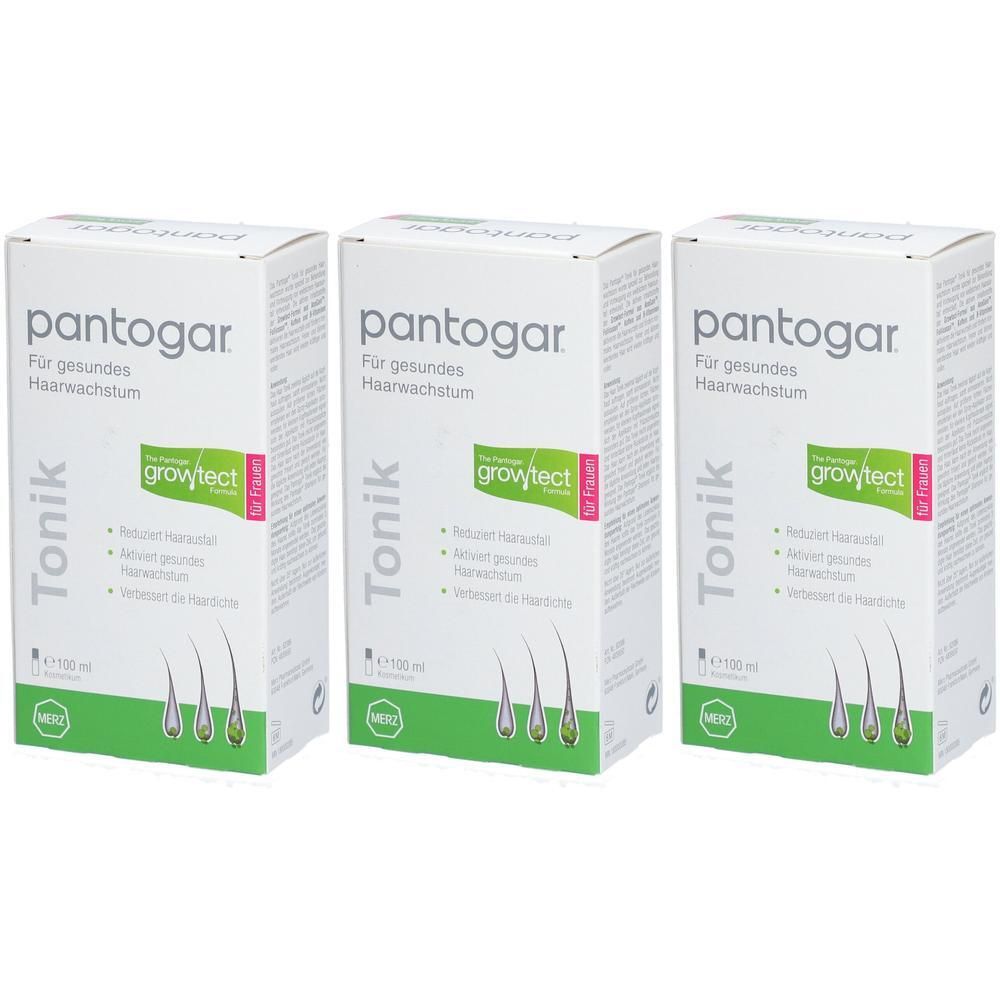 Drei Packungen Pantogar Tonik für gesundes Haarwachstum. Jede Packung enthält 100 ml.