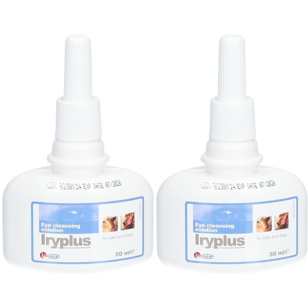 Zwei weiße Flaschen mit Dosieraufsatz. Aufkleber mit Produktnamen Iryplus und Text. 50 ml.
