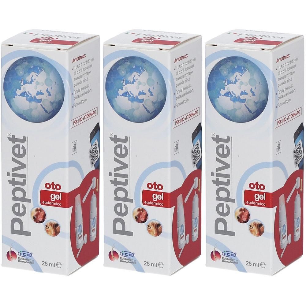 Drei Schachteln Peptivet Oto Gel. Weiße Verpackung mit blauem Globus-Design. Text: "Peptivet", "oto gel", "25 ml e".