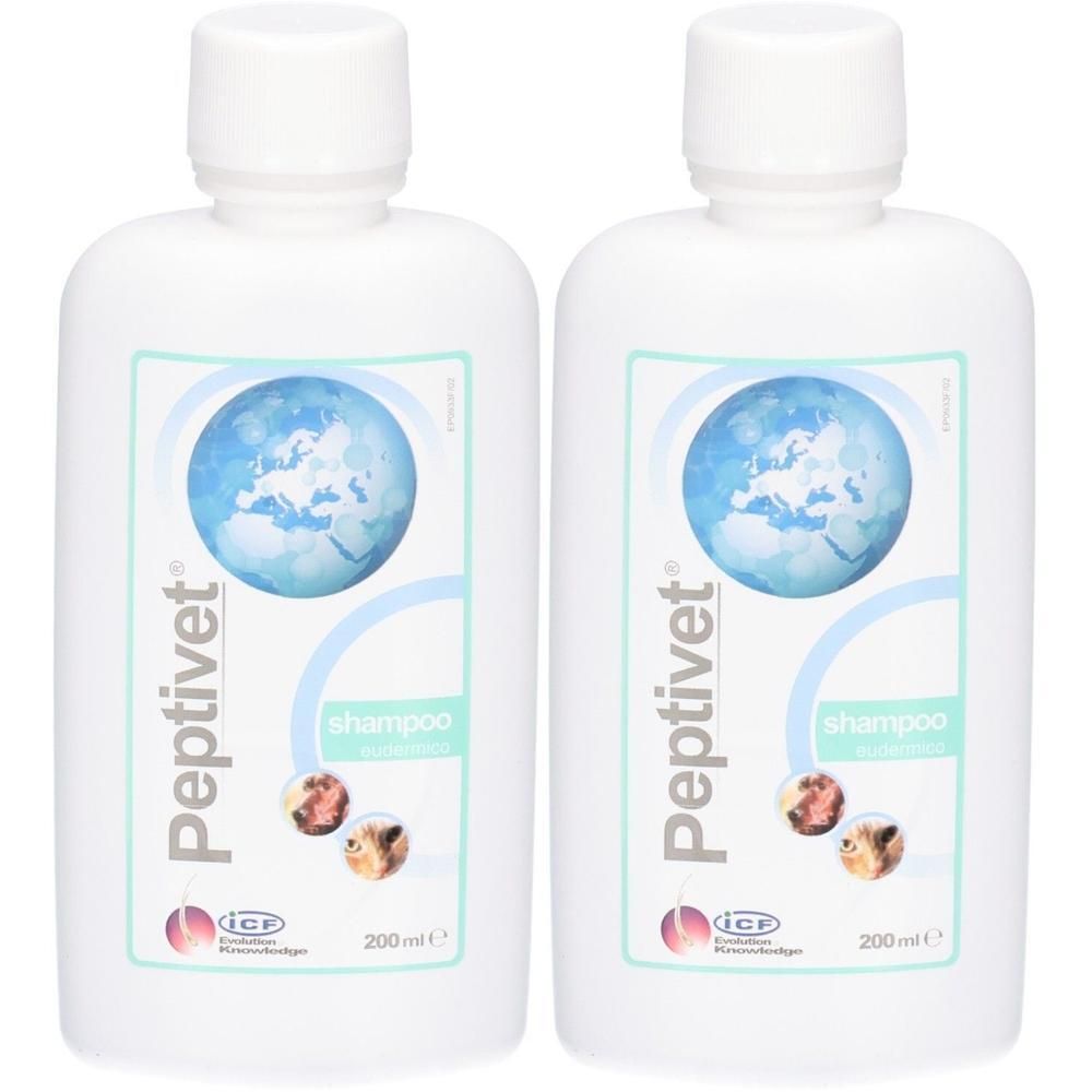 Zwei weiße Flaschen mit Schraubverschluss. Aufkleber mit Weltkarte, Produktname Peptivet und Shampoo-Hinweis. 200 ml.