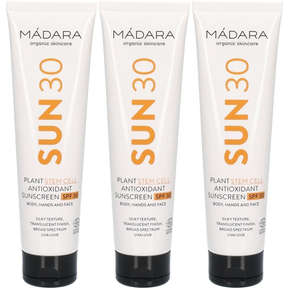 Drei Tuben Sonnenschutzmittel mit LSF 30, "Plant Stem Cell Antioxidant Sunscreen" auf der Vorderseite.