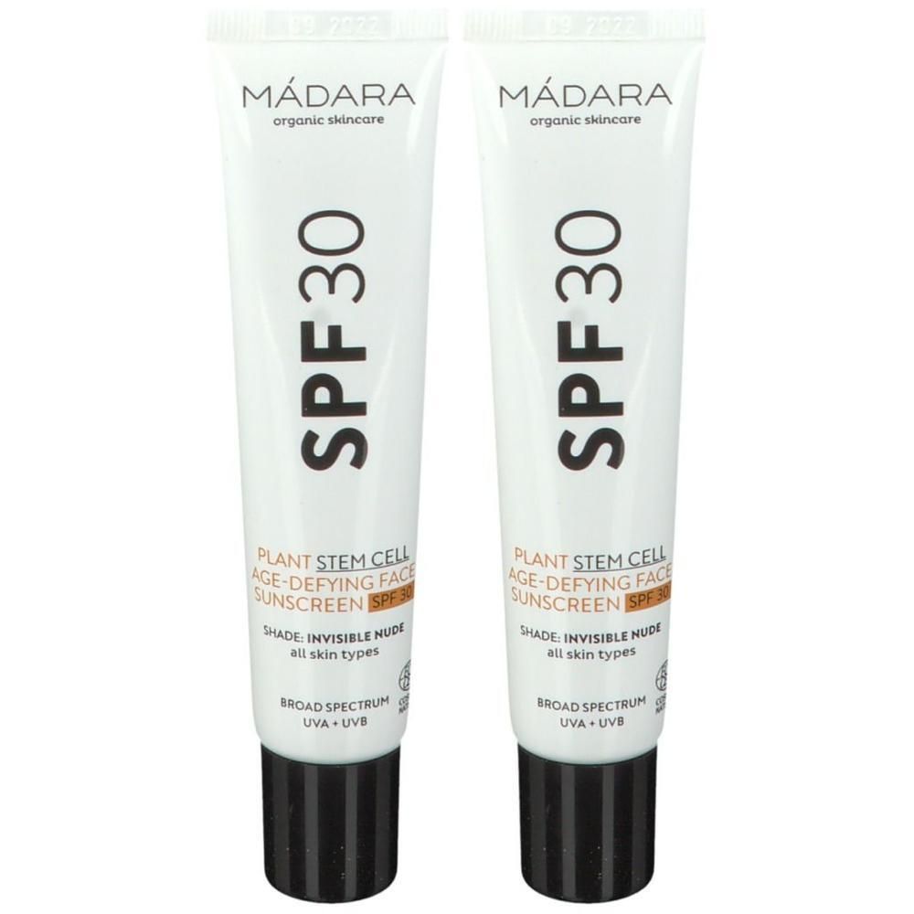 Zwei Tuben MADARA AGE-DEFYING SUNSCREEN SPF 30, "Invisible Nude" Farbton.