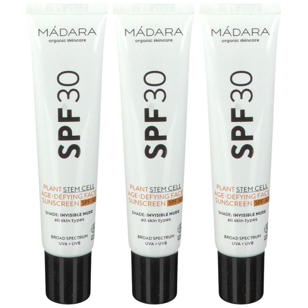 Drei Tuben MADARA Sonnenschutz SPF 30, "Plant Stem Cell Age-Defying Face Sunscreen".