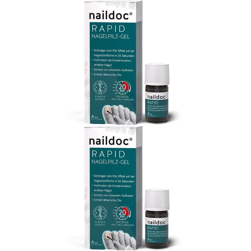 Zwei Packungen naildoc® Nagelpilz-Gel Rapid mit je einem Fläschchen.