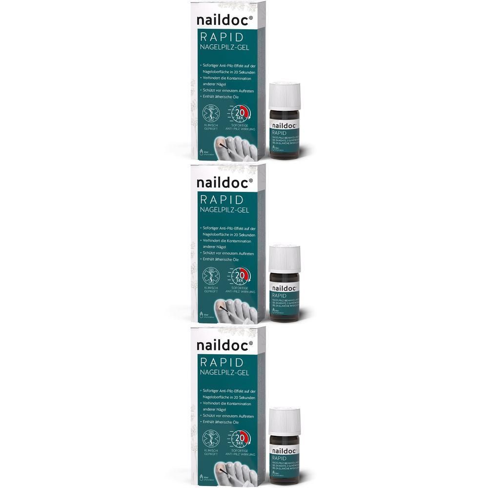 Drei Packungen naildoc® RAPID NAGELPILZ-GEL mit je einem kleinen Fläschchen.