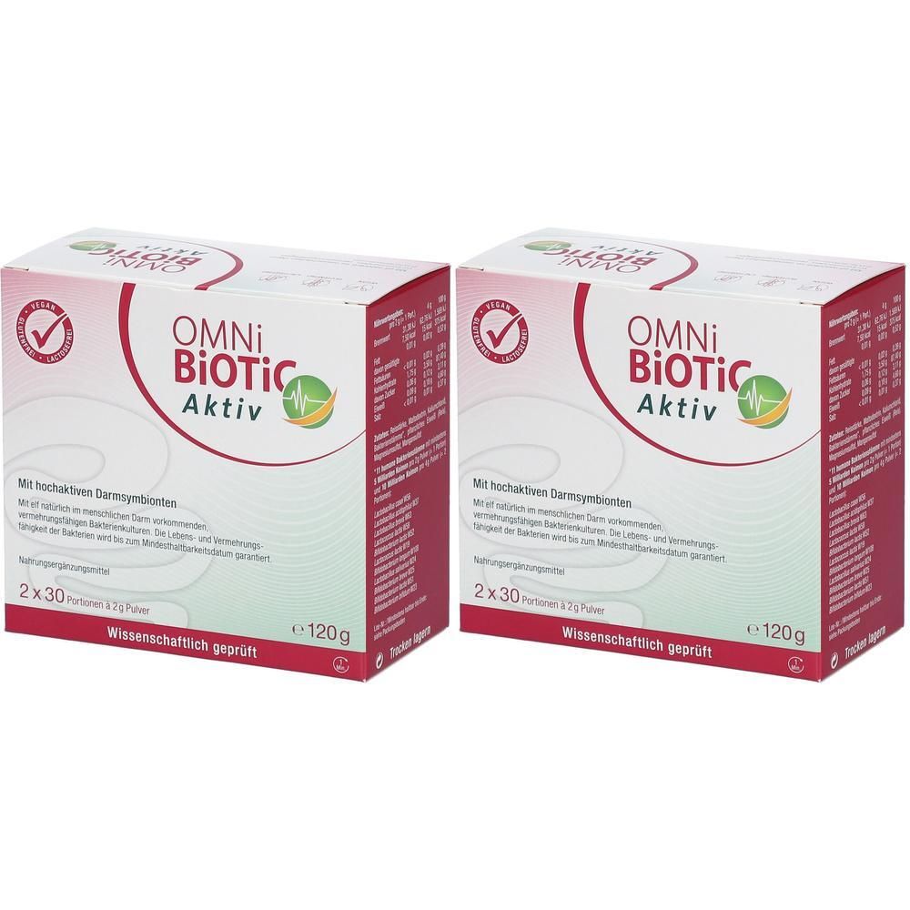 Zwei Kartons OMNi BiOTiC Aktiv. Weiß, rot und grün. Aufschrift: OMNi BiOTiC Aktiv, 2x30 Portionen, 120g. Wissenschaftlich geprüft.