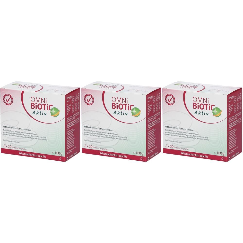 Drei Kartons OMNi BiOTiC Aktiv. Weiße Verpackung mit roter und grüner Schrift. Aufdruck: 2x30 Beutel, 120g.