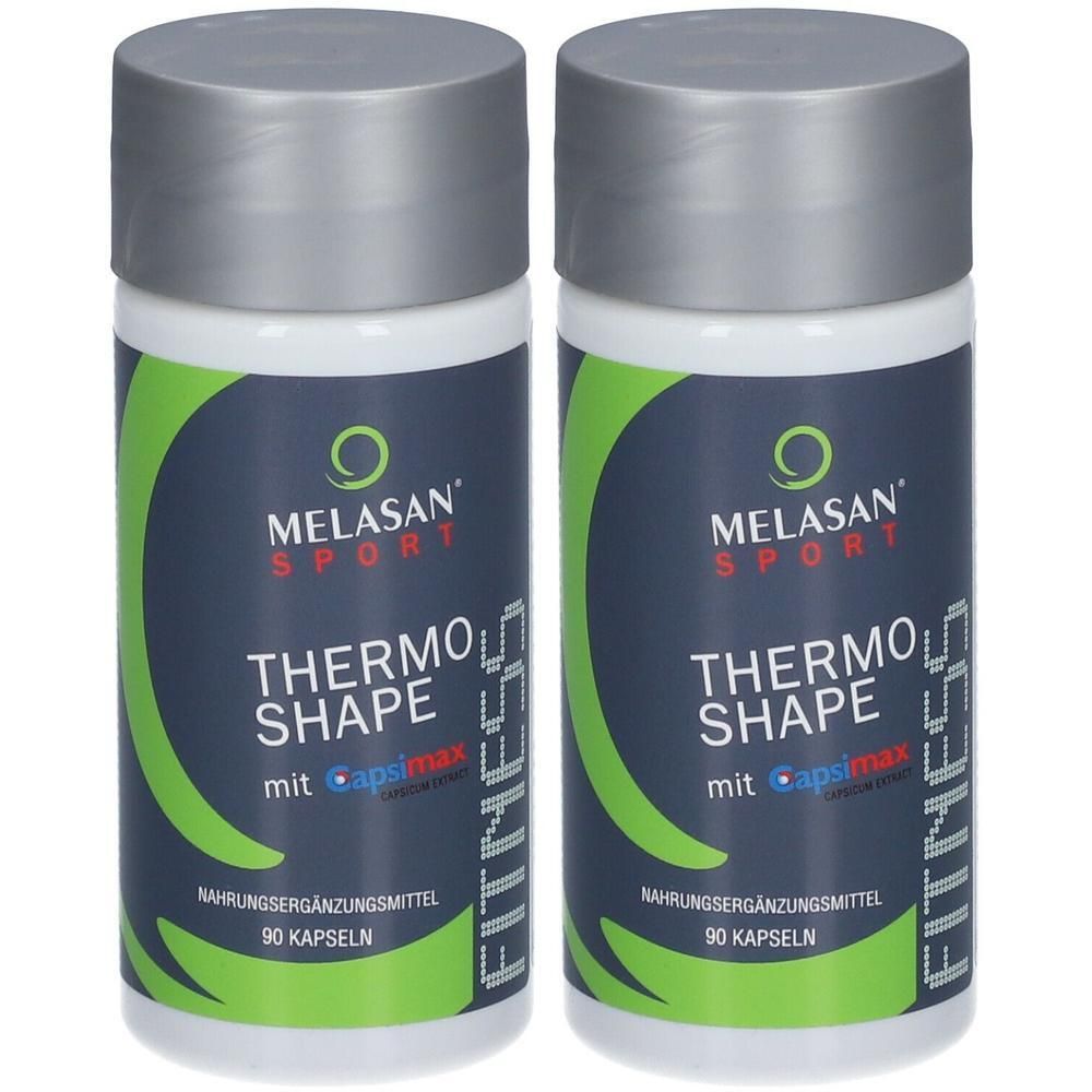 Zwei Flaschen MELASAN Sport THERMO SHAPE. Weiße Flaschen mit silbernen Deckeln. Aufschrift: THERMO SHAPE, mit Capsimax, 90 Kapseln.