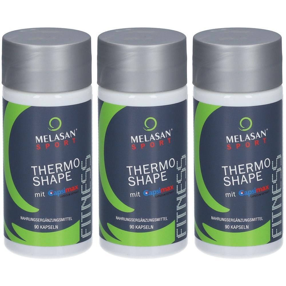 Drei weiße Flaschen mit silbernen Deckeln. Auf jeder Flasche steht "MELASAN Sport THERMO SHAPE" und "90 Kapseln".