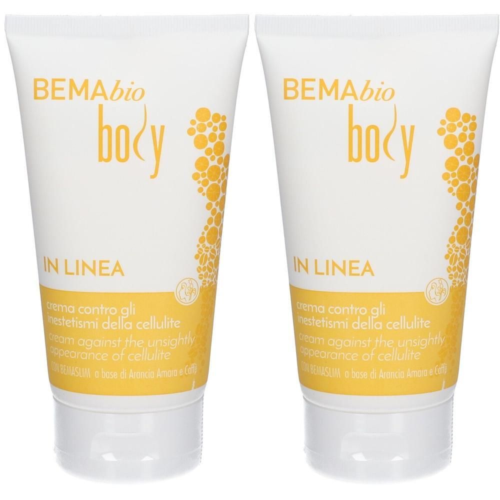 Zwei Tuben Creme. Aufschrift: BEMAbio body, IN LINEA. Text: crema contro gli inestetismi della cellulite, cream against the unsightly appearance of cellulite.