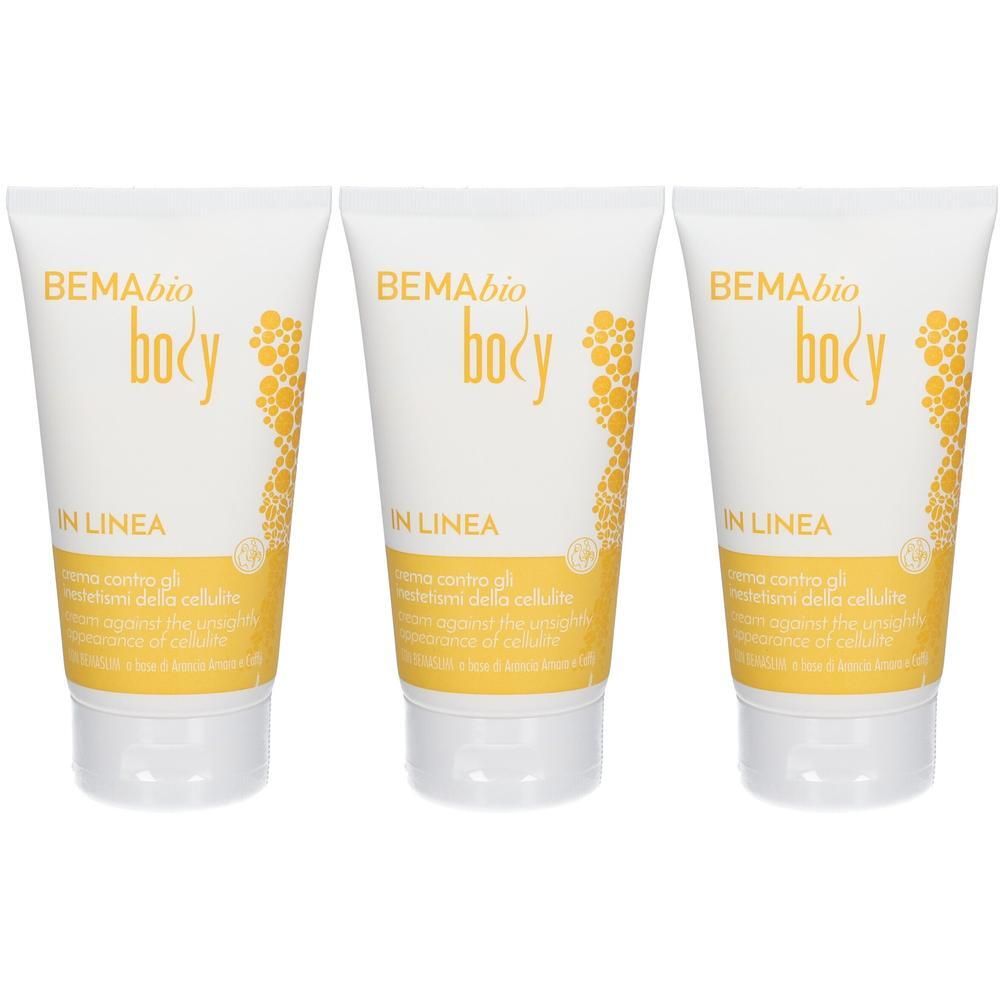 Drei Tuben Creme. Auf jeder Tube steht "BEMA bio body IN LINEA". Gelbe Schrift und Designelemente. Weiße Tuben mit weißem Deckel.