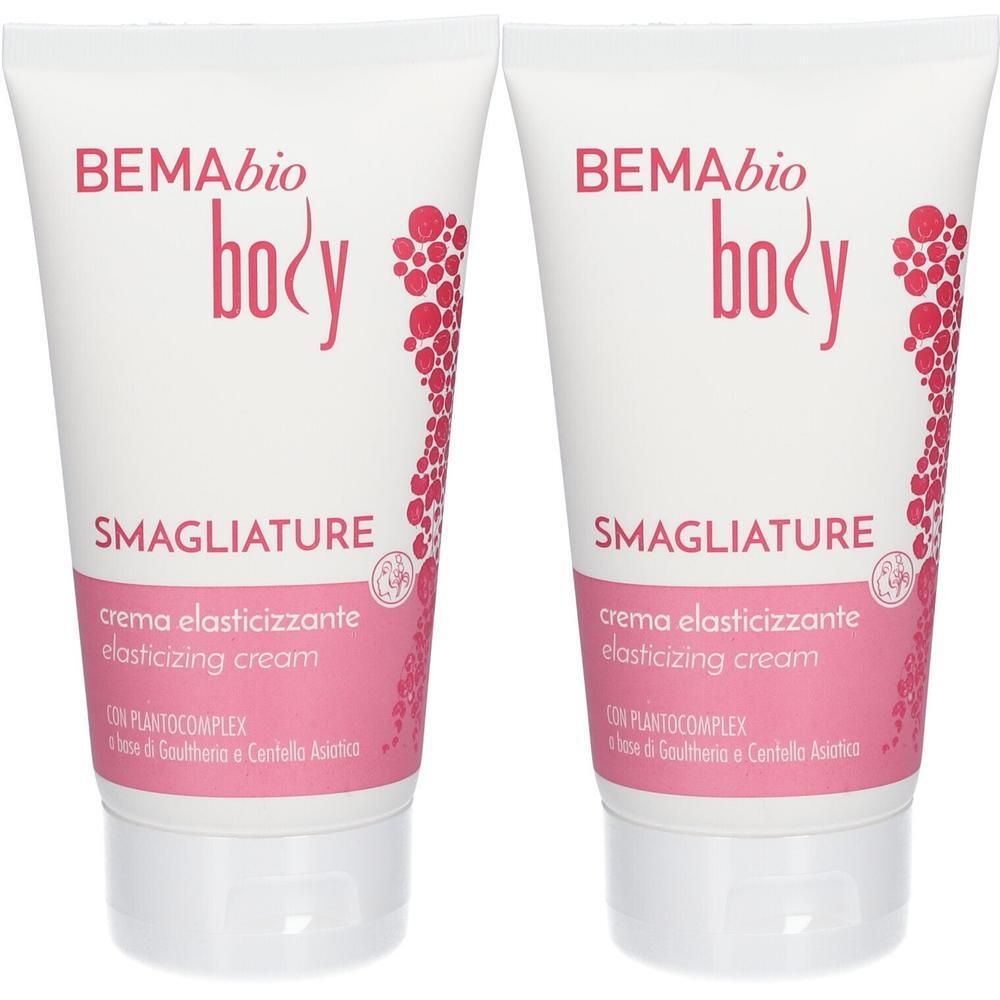 Zwei Tuben Creme. Aufschrift: BEMAbio body, SMAGLIATURE, crema elasticizzante, elasticizing cream. Mit Pflanzenkomplex.